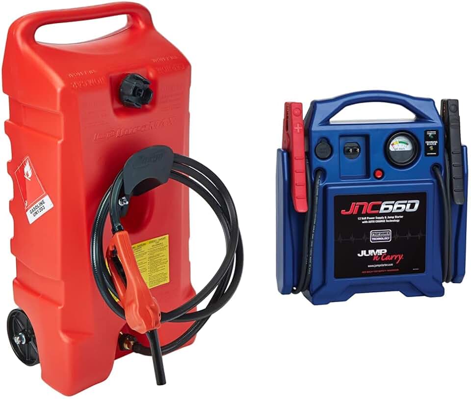 Scepter USA 6792 Duramax 14 Gallon Flo-N-Go Fuel Caddy, Red & Clore Automotive Jump-N-Carry JNC660 1700 Peak Amp 12 Volt Jump Starter, Blue
