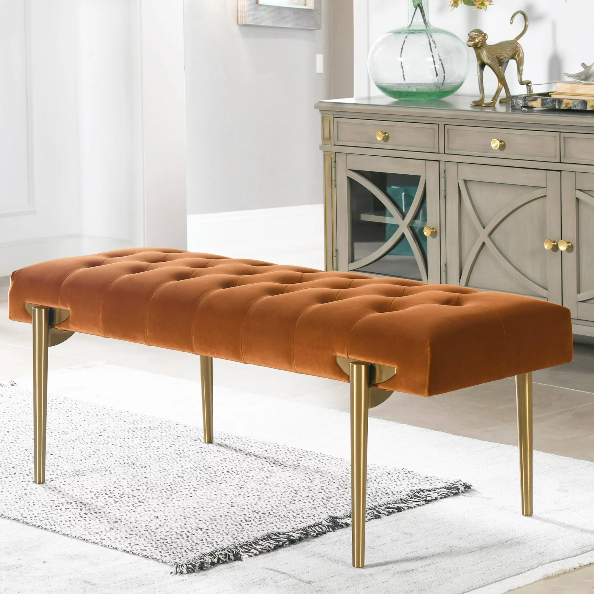 Jennifer Taylor Home Aria Upholstered Gold Accent Bench Burnt Orange