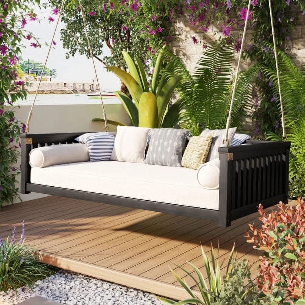 Patio Minimalist Twin Size Garden Swing Bed Wood Porch Swing with Ropes for Backyard, Safe Sloped Design, Black
