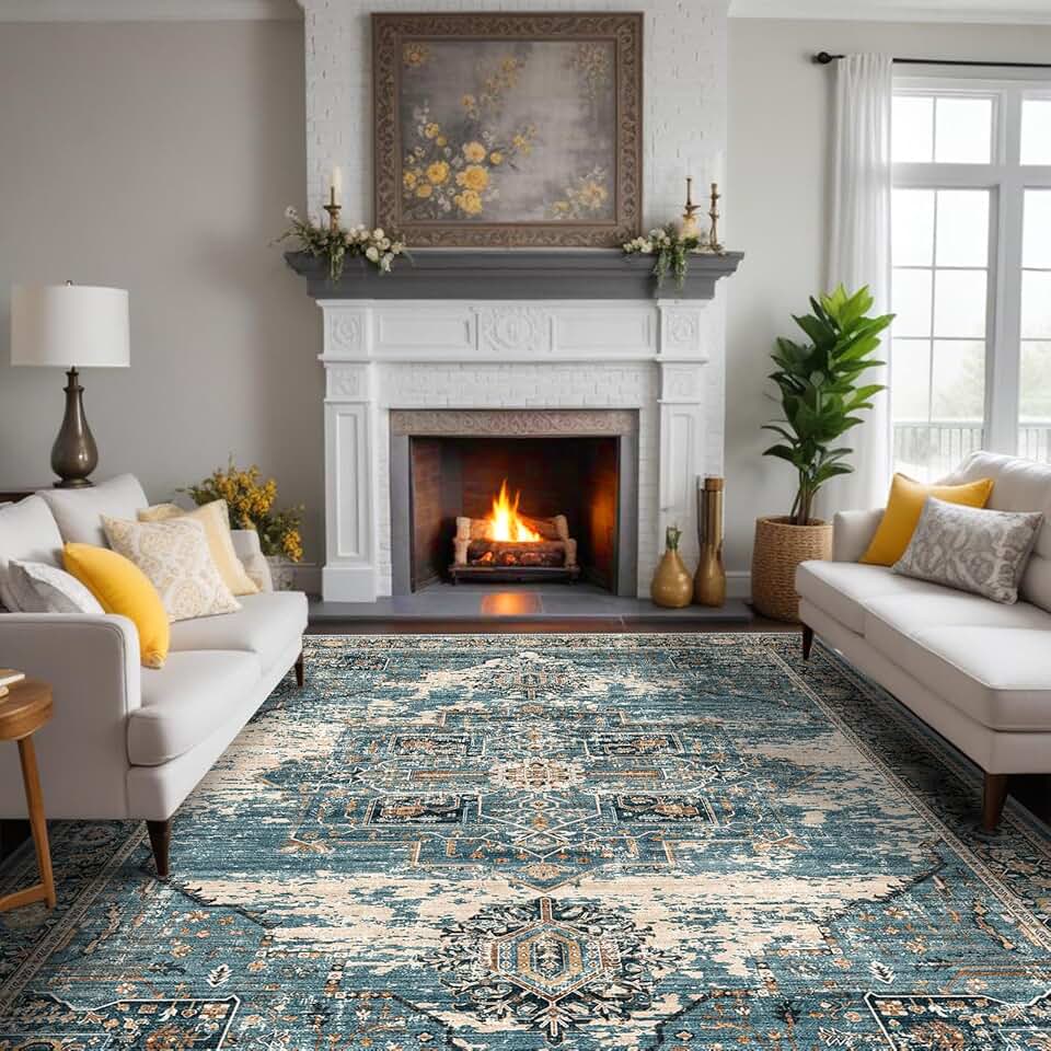 RUUGME Washable 9x12 Area Rugs - Large Rugs for Living Room Stain Resistant Carpet Vintage Rugs for Bedroom with Non Slip Backing Home Decor Floor Decoration Mat (9x12 Blue)