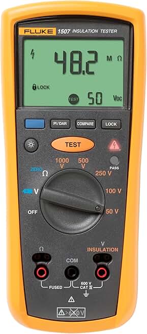 Fluke 1507 Digital Megohmmeter Insulation Resistance Tester, For Advanced Industrial and Electrical Insulation Testing, Offers Multiple Insulation Test Voltages: 50 V, 100 V, 250 V, 500 V, and 1000 V