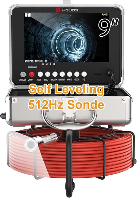 Self-Leveling Sewer Camera with 512hz Sonde 100ft, 9'' 1080P HD Screen Drain Camera, Plumbing Camera Snake with Light, Waterproof Sewer Inspection Camera, Drain Pipe Cameras with DVR 16GB
