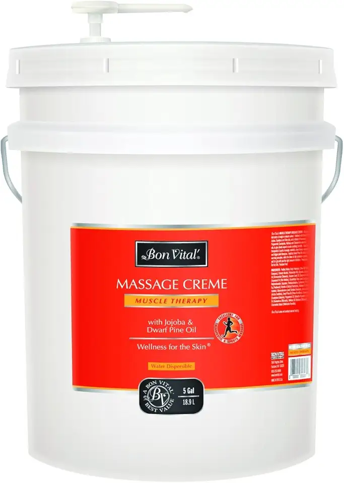 Bon Vital' Muscle Therapy Massage Creme, Professional Massage Cream with Dwarf Pine Oil & Essential Oils for Relaxation & Soreness Relief, Deep Tissue & Sports Massage Techniques, 5 Gallon Pail