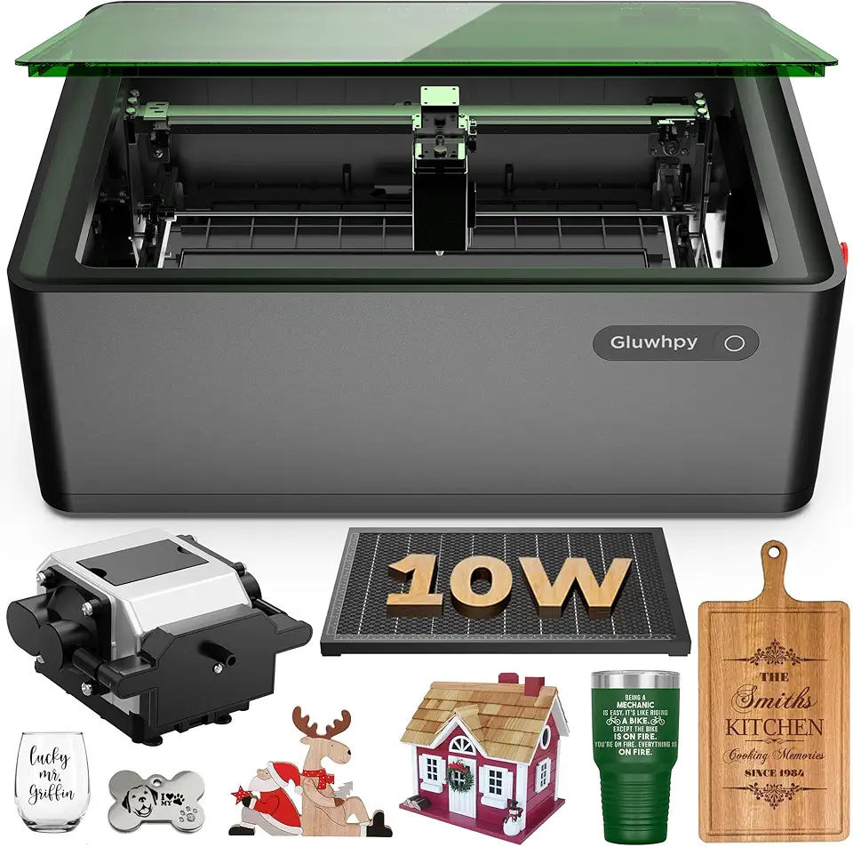 Gluwphy Class 1 Laser Engraver 10000mV(10W) Enclosed Laser Engraving Machine with Air Assist, Honeycomb, Turbo Fan Filtering Laser Cutter for Wood, Metal, Acrylic, Black