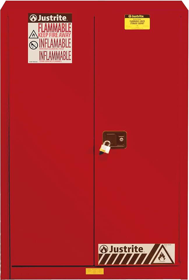 Justrite 45 Gallon Manual Close Flammable Storage Cabinet, 18 Gauge Steel, 2 Shelves, 2 Door Fire Cabinet, 65