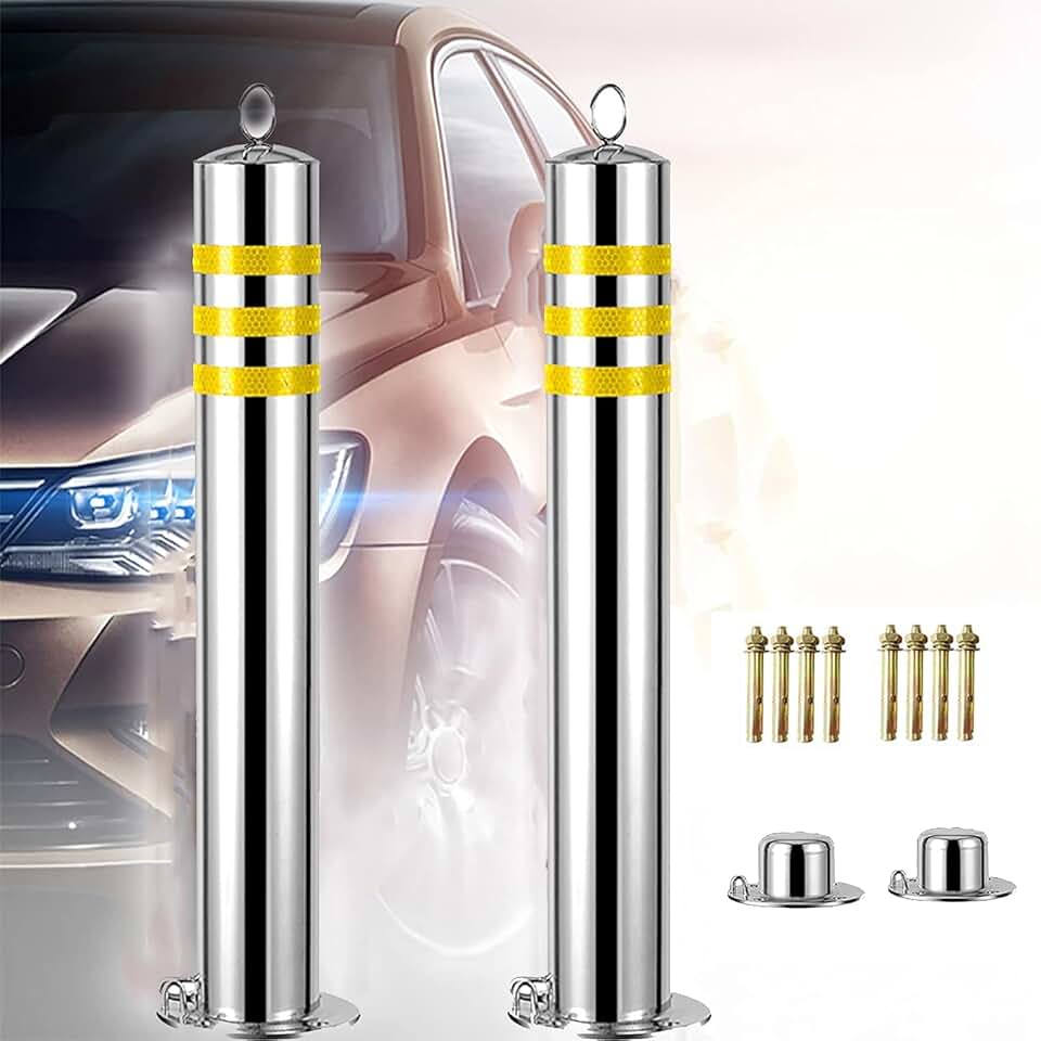 2pcs Driveways Security Posts,Stainless Steel Removable Base Convenient for Vehicle Parking Lockable Parking Barrier (Silver 650x76mm/25.5x3in)