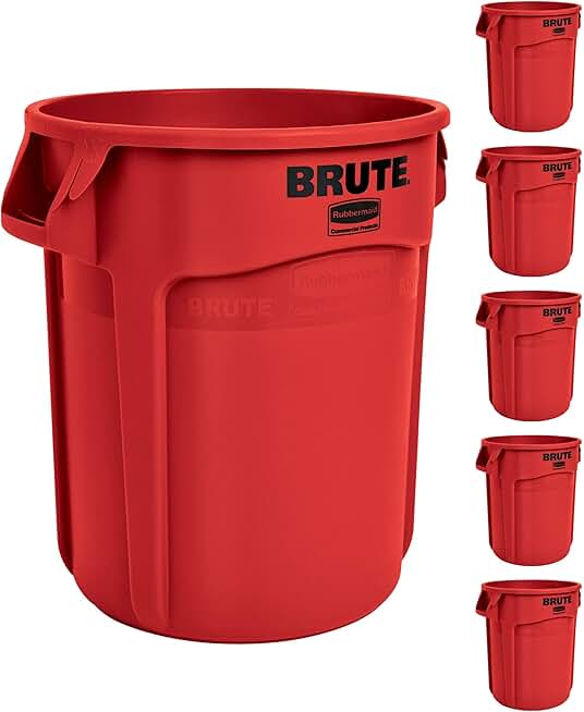 Rubbermaid Commercial Products BRUTE Heavy-Duty Round Trash/Garbage Can, 20-Gallon, Red, Wastebasket for Home/Garage/Mall/Office/Stadium/Bathroom, Pack of 6