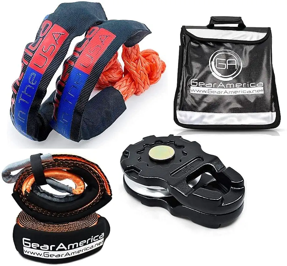 GearAmerica Ultra Recovery Kit | 2PK ½” Synthetic Soft Shackle 45,000 lbs Strength - Made in USA + Black Ultra Snatch Block + Winch Line Dampener + 3