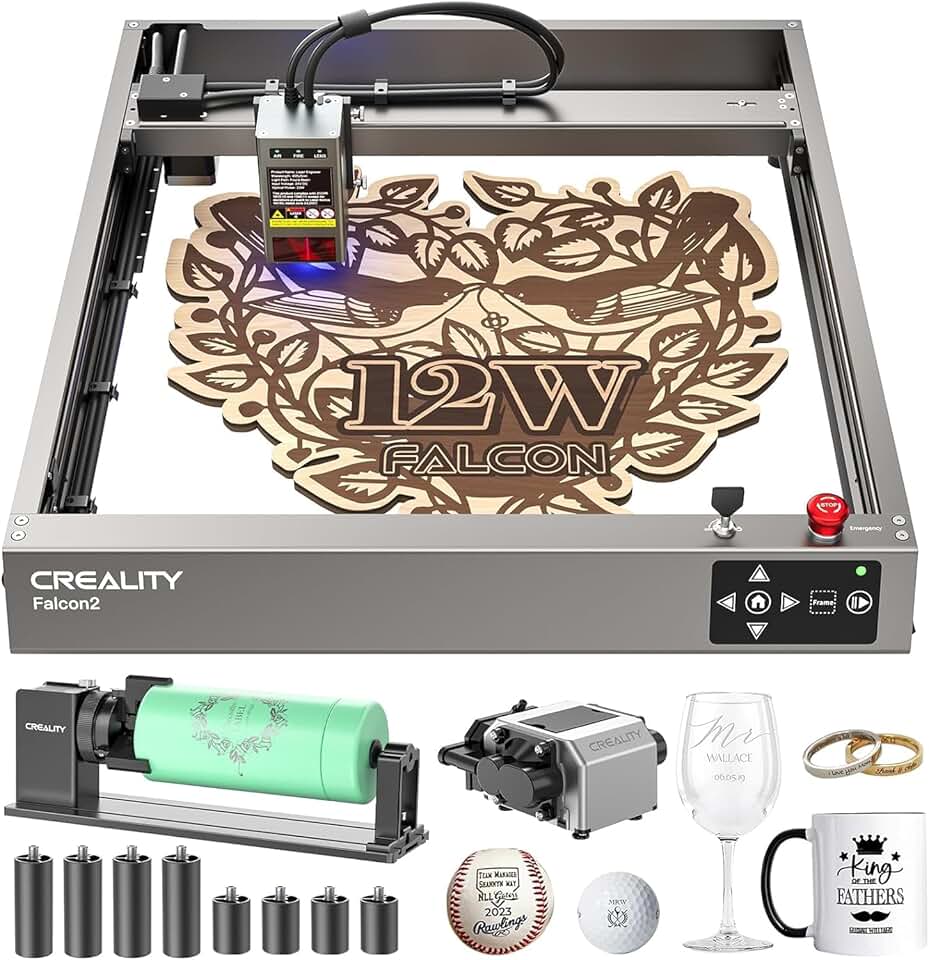12W Laser Engraver Machine with Air Assist and Rotary Roller Kit, 120W Laser Engraver and Cutter Machine for DIY and Cylindrical Objects, 25000mm/min Faster Engraving, Triple Monitoring Systems