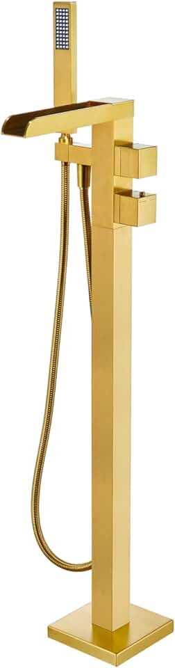 Thermostatic Freestanding Bathtub Faucet Waterfall Tub Filler Brushed Gold Floor Mount Brass Bathroom Faucets with Hand Shower