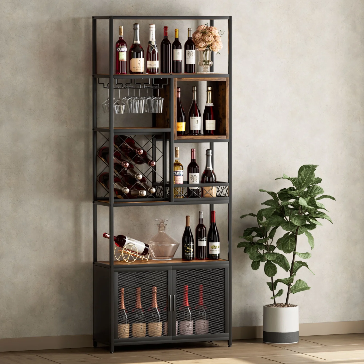 Industrial Tall Black Wood Bar Cabinet with Glass Holder - 82.7” Tall Stylish Bar Wine Rack Cabinet for Home