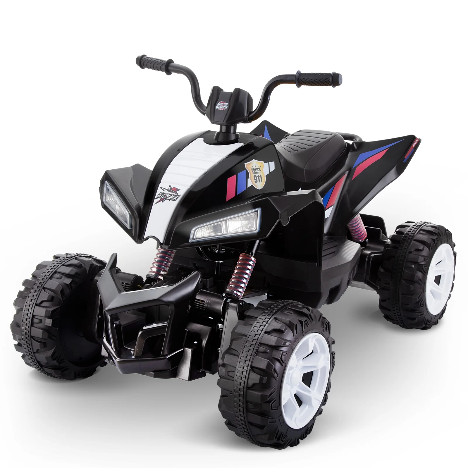 Blitzshark 24V Kids Ride on ATV 4WD Quad Powerful 4-Wheeler, with Big Battery, 6 MPH Speed, Metal Suspension, Police Rider