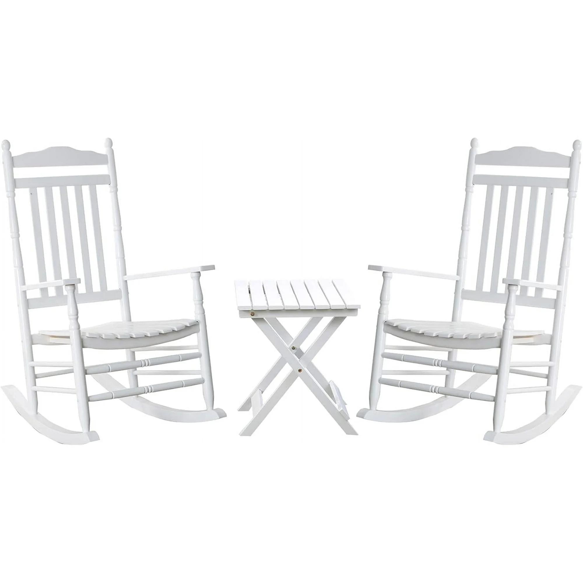 Outdoor Patio Rocking Chair Set 3 Piece, 2 Rockers and 1 Small Foldable Side Table, Porch Bistro Furniture White