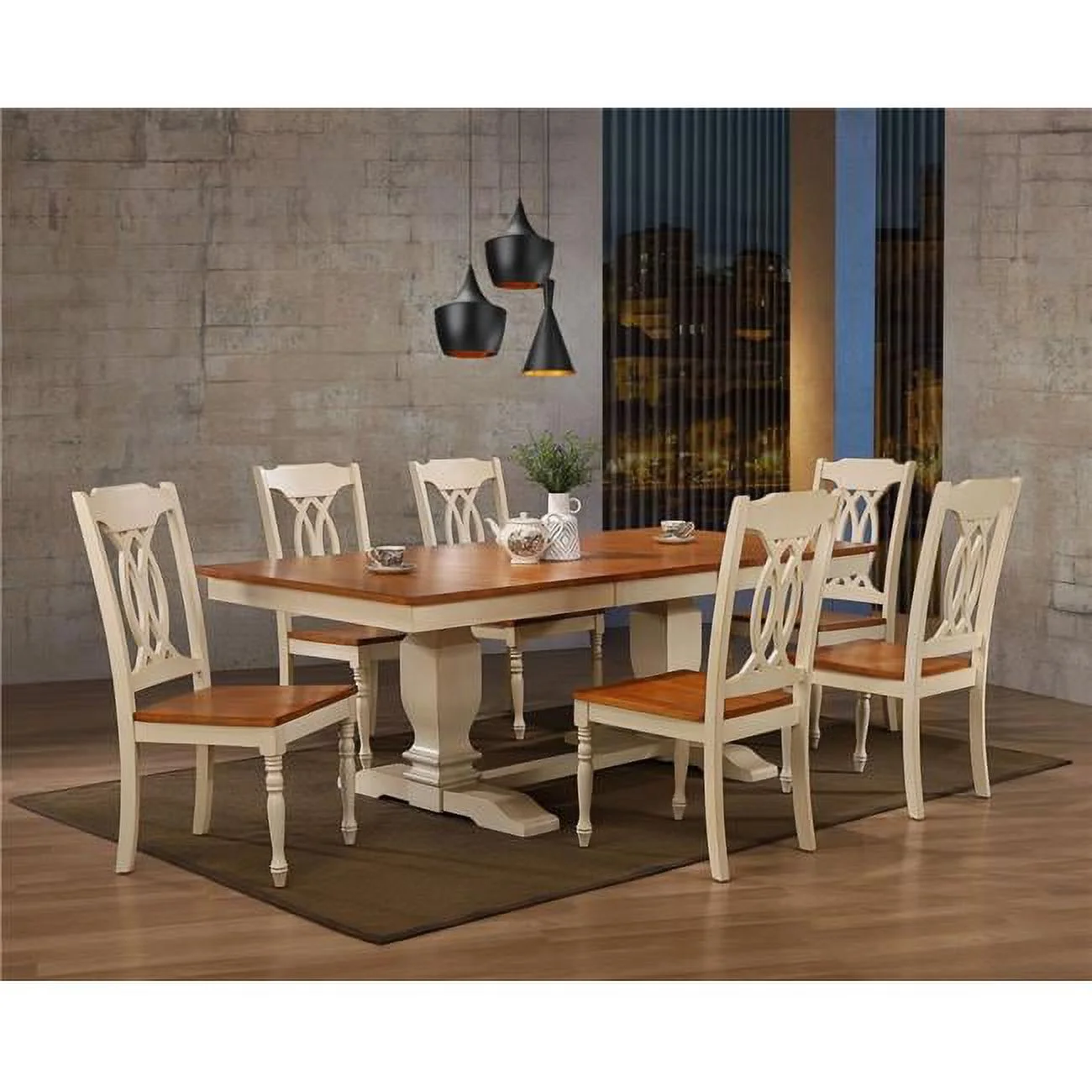 Iconic Furniture  42 x 64 x 82 in. Double Pedestal Transitional Antiqued Traditional Back Chair Dining Set with Caramel & Biscotti Finish - 7 Piece