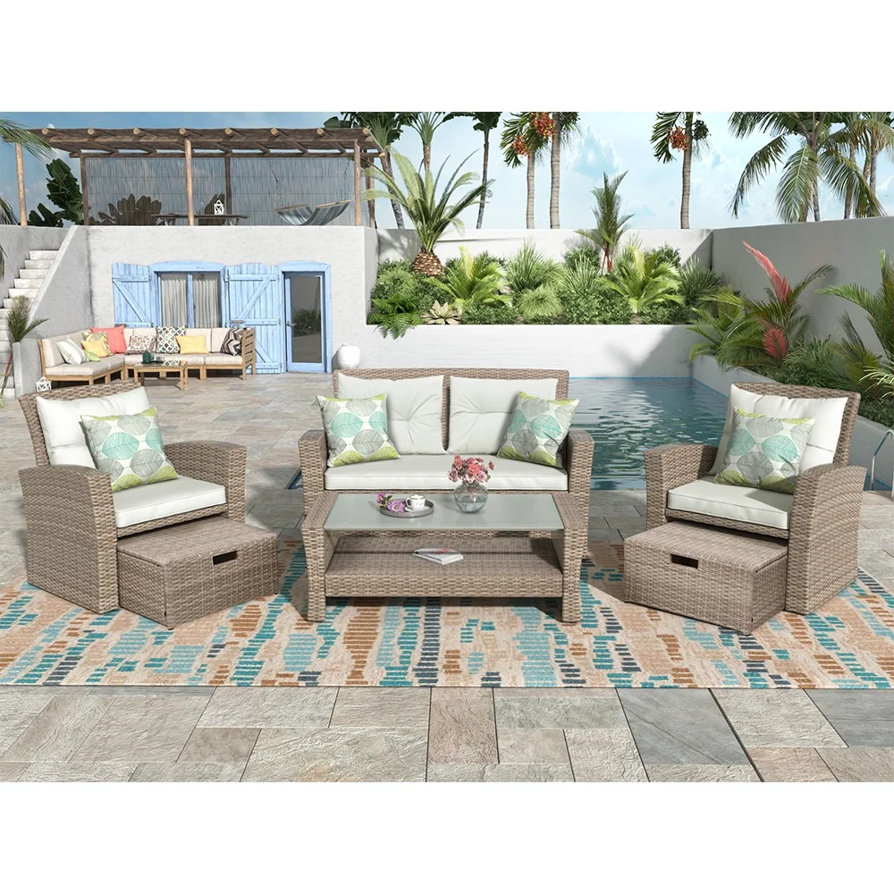 Outdoor Patio Furniture Set, 4-Piece PE Rattan Wicker Patio Dining Table Set with Ottomans and Cushions, Outdoor Conversation Sets with Glass Coffee Table, Patio Bistro Set for Backyard Porch, Q14461