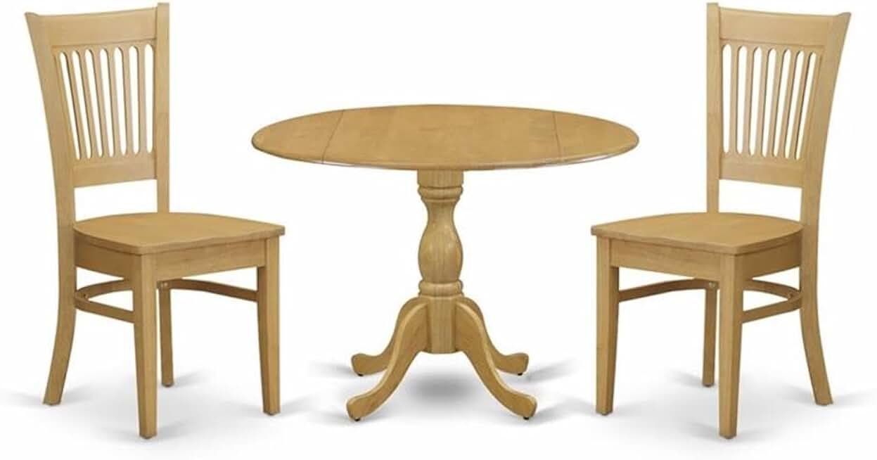 East West Furniture DMVA3-OAK-W 3 Piece Dinette Set for Small Spaces Contains a Round Dining Table with Dropleaf and 2 Dining Room Chairs, 42x42 Inch, Oak