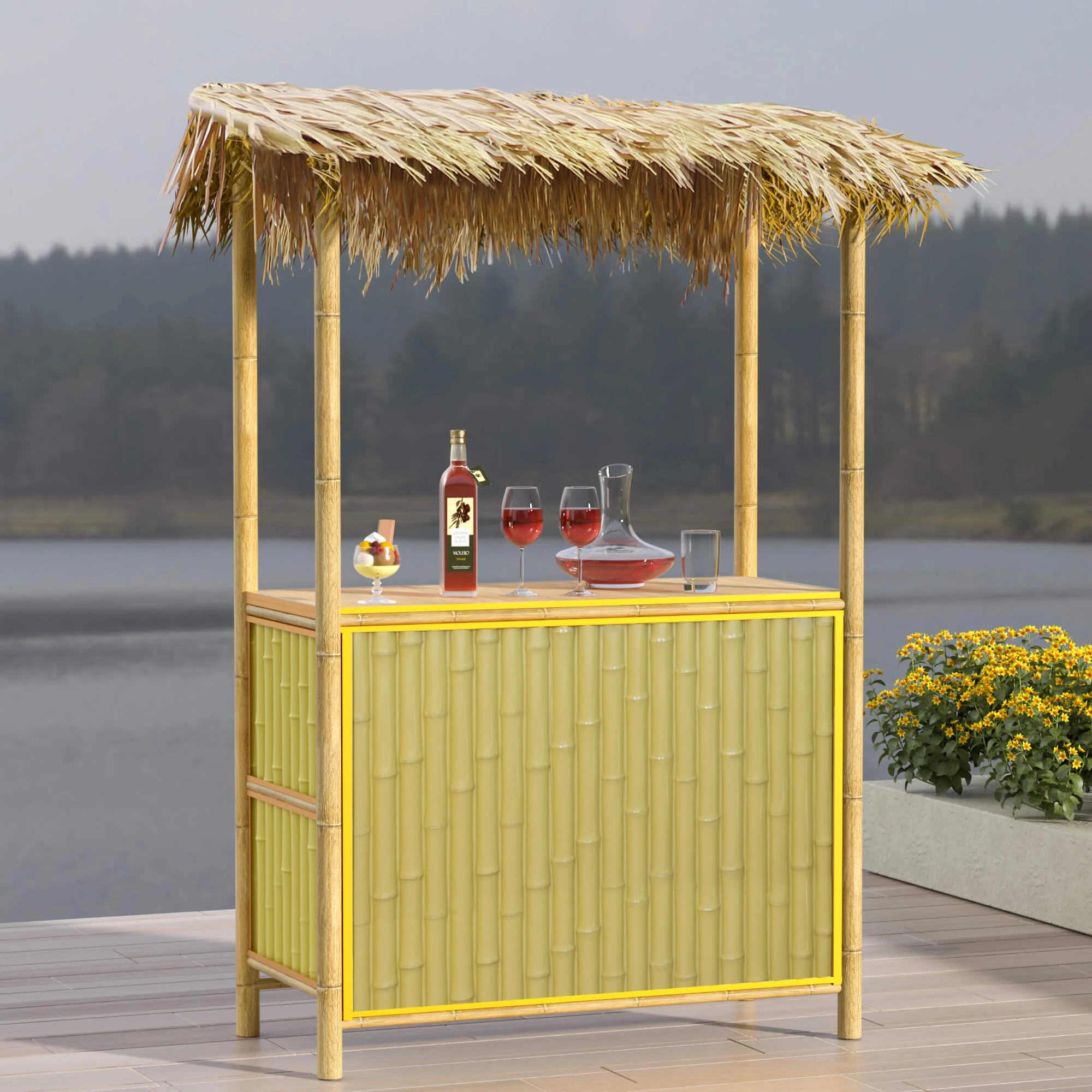 Patio Outdoor Bar, Metal Bar Counter Tiki Bar , Simulated Bamboo Set, Islander Tiki Bar with Palapa Top and Storage Space for Garden