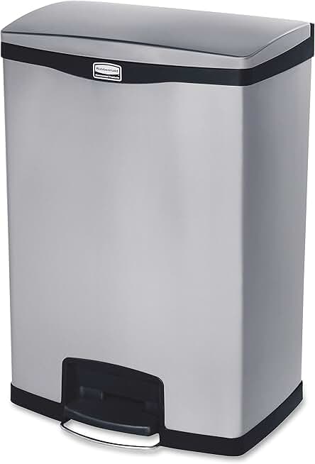 Rubbermaid Commercial Products Slim Jim Front Step-On Trash Can, Stainless Steel, 24 Gallon, Black, Indoor/Outdoor Waste Container for Office/Hospital/Mall/Kitchen
