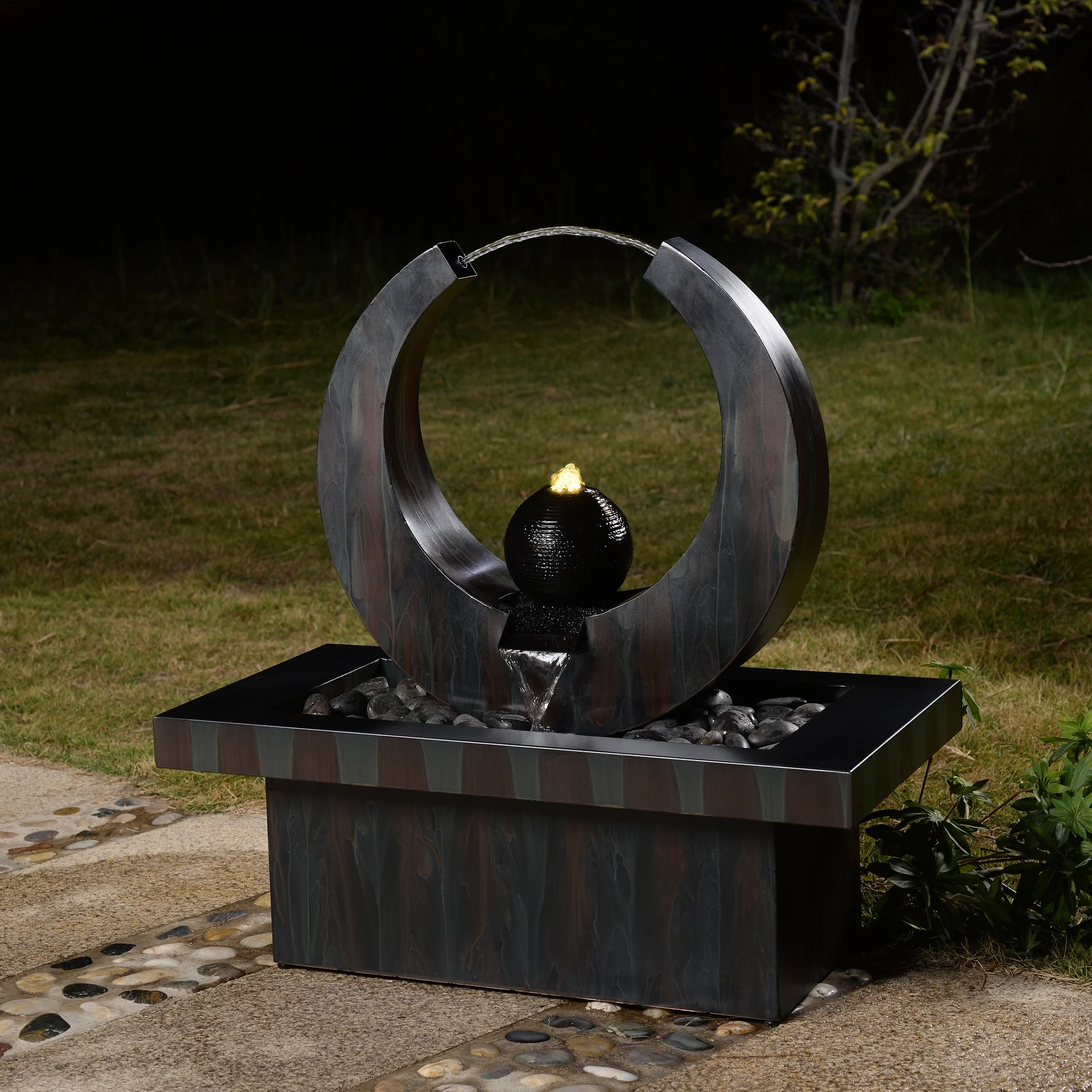 Outdoor Metal Fountain with LED Lights - Rusty Gray