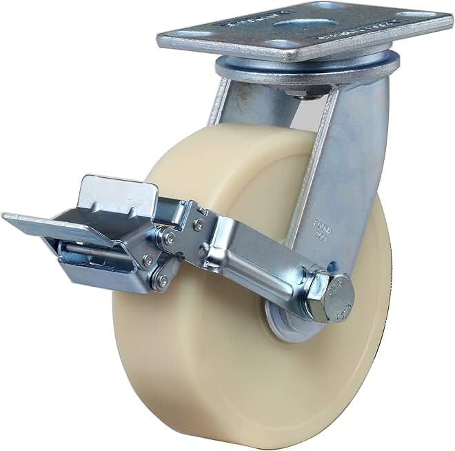 FOOT MASTER GF-200-BSF-MCD Heavy Duty Caster, 200 mm MC Nylon Wheel, Galvanized Zinc, Forged Steel Plate, Plate Mounted Swivel Caster, Pedal Brake, 1100 kg Load Rating