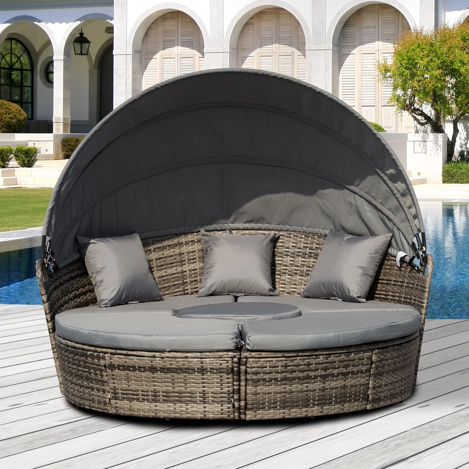 Outsunny Rattan Daybed Patio Furniture Set w/ Adjustable Canopy, Dark Gray