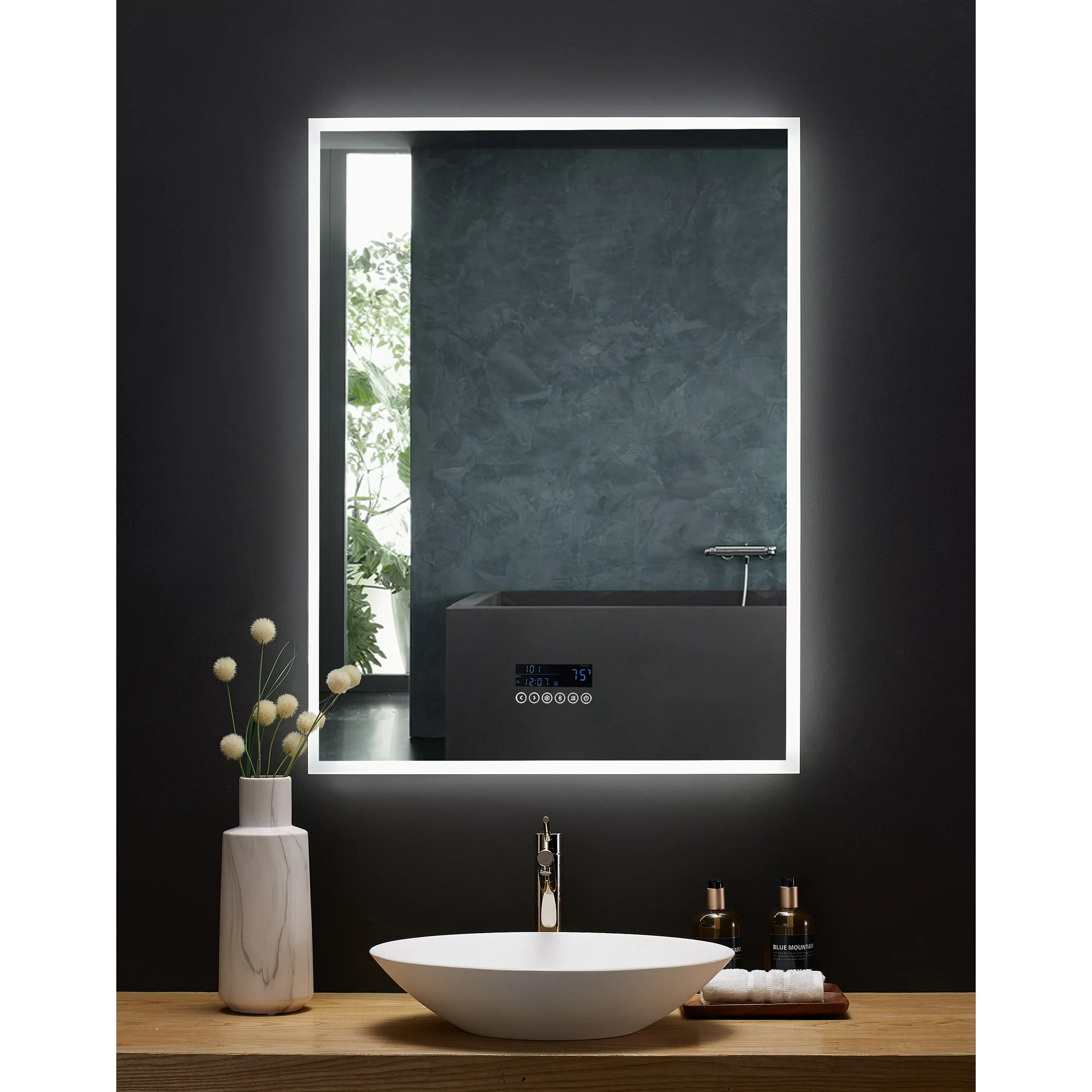 IMMERSION 30 in. x 40 in. LED Frameless Mirror with Bluetooth, Defogger and Digital Display
