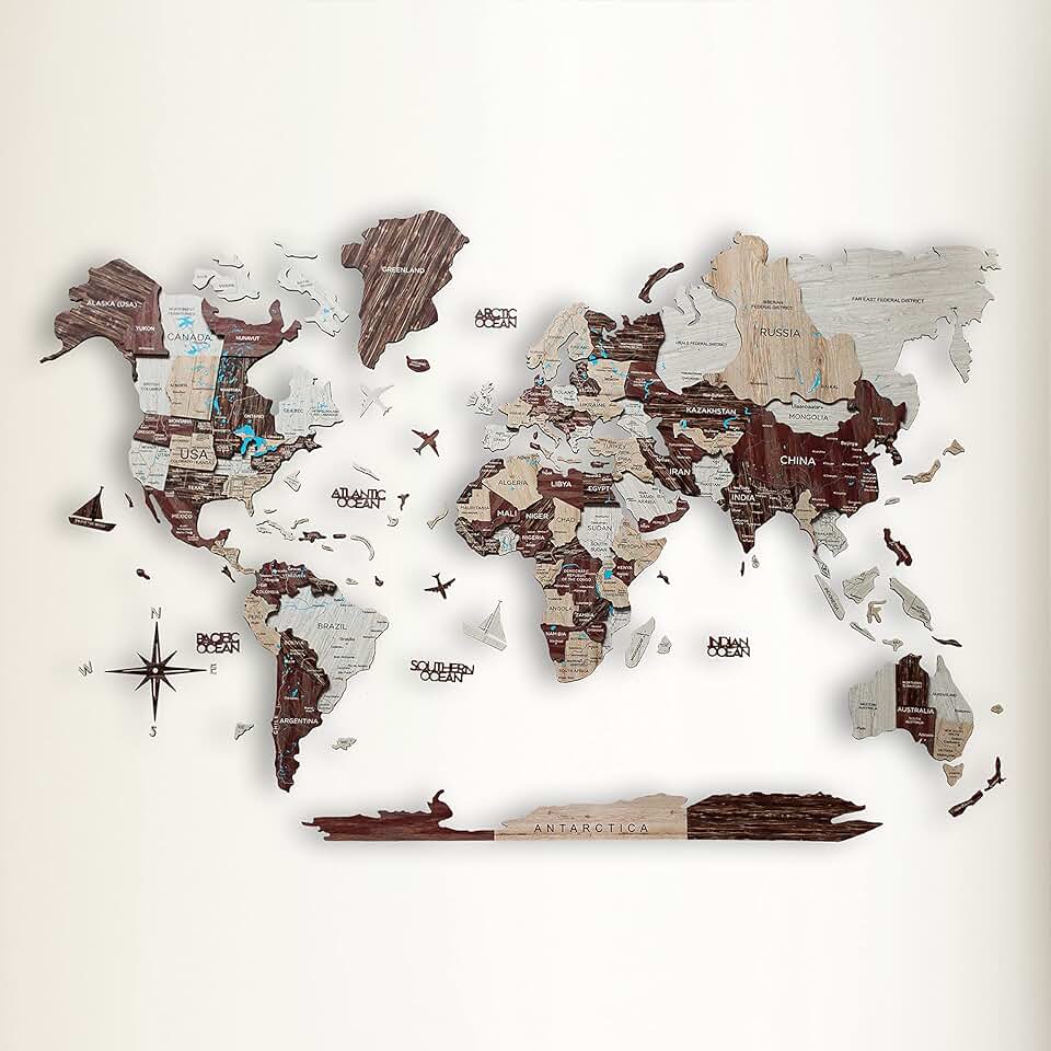 3D Wood World Map – 3D Wall Decor with Wood Map of the World – Easy Installation with Double Sided Tape – Includes Add-Ons – Premium Durable Plywood – Ideal for Home and Office Decor (XL Prime, Cappuccino)