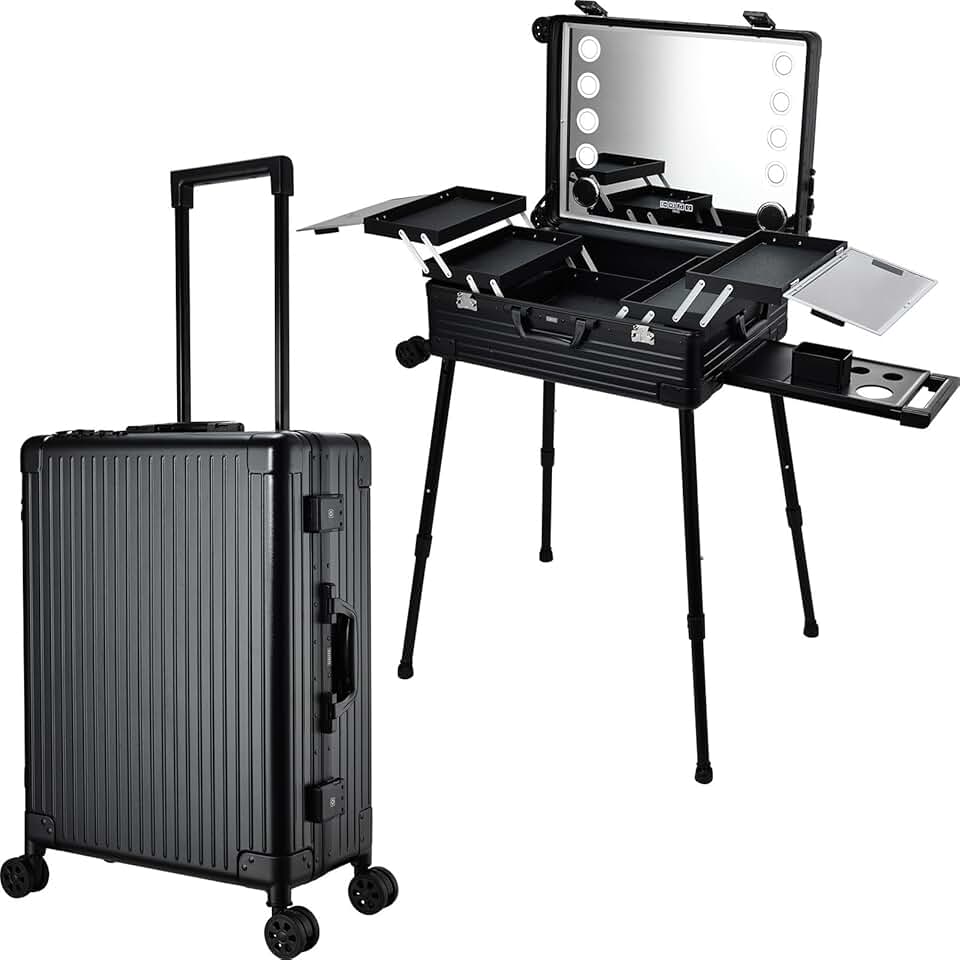 Rolling Makeup Case 24'' Makeup Vanity Station with 8 LED Light Mirror Bluetooth Speaker Cosmetology Case on Wheels Make up Artist Free Standing Box Aluminum Makeup Salon Case Black