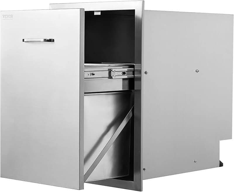 VEVOR Pull Out Trash Drawer 17.7x22.8 Inch Raised Style Trash Bin with Pull-Out Tray Stainless Steel Trash Drawer with Handle for Outdoor Kitchen BBQ Island