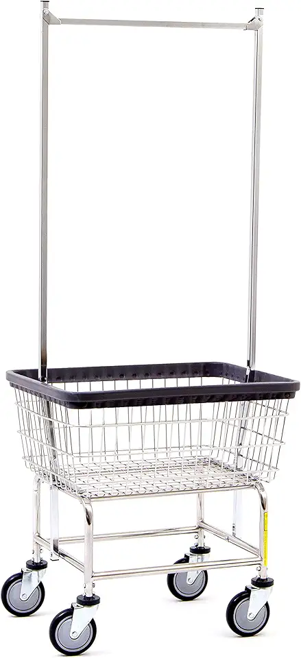 R&B Wire® 100E58 Heavy Duty Wire Laundry Cart with Double Pole Rack | 2.5 Bushel | Steel Frame with Chrome Finish | Commercial Laundry Basket | Industrial Bumper | 5