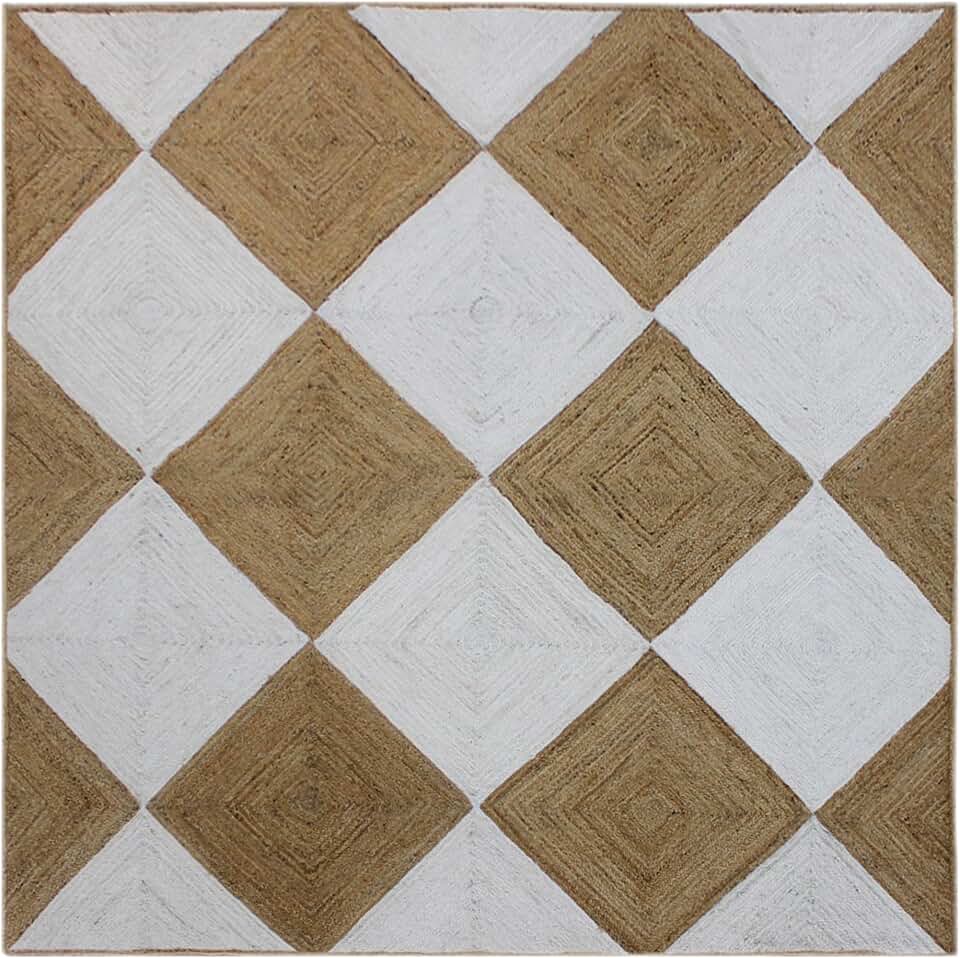 7' Square Rug Kilim Rug Beige & White Pattern Braided Jute Rug Indoor Outdoor Rug Flatweave Rug High Traffic Area Bedroom Bedside Custom Mat Dining Table Doormat