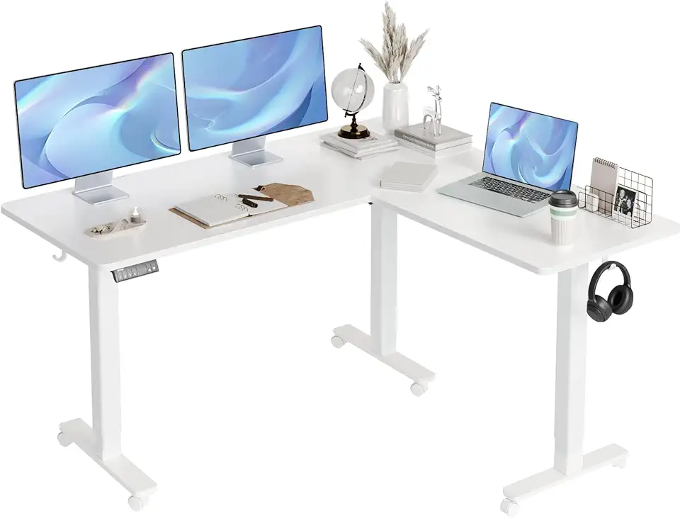 L Shaped Standing Desk Adjustable Height, Dual Motor Electric Corner Standing Desk, 63x55 inch Sit Stand up Desk with Splice Board, White