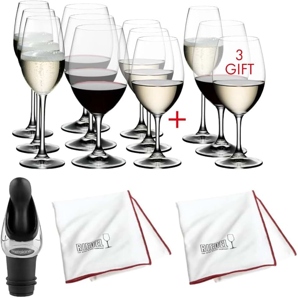 Riedel Ouverture 12-Piece White Wine/ Magnum/ Champagne Glass Set (2-Pack) Bundle with Wine Pourer with Stopper and Large Microfiber Polishing Cloth (2-Pack) (5 Items)