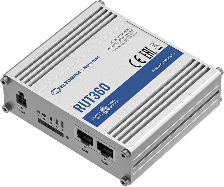Teltonika RUT360100100 Model RUT360 LTE Industrial Cellular Router; Only for use in USA; 4G/3G Frequencies; Ethernet Interfaces, WiFi and Cellular Module; Compatible with IoT and M2M Applications