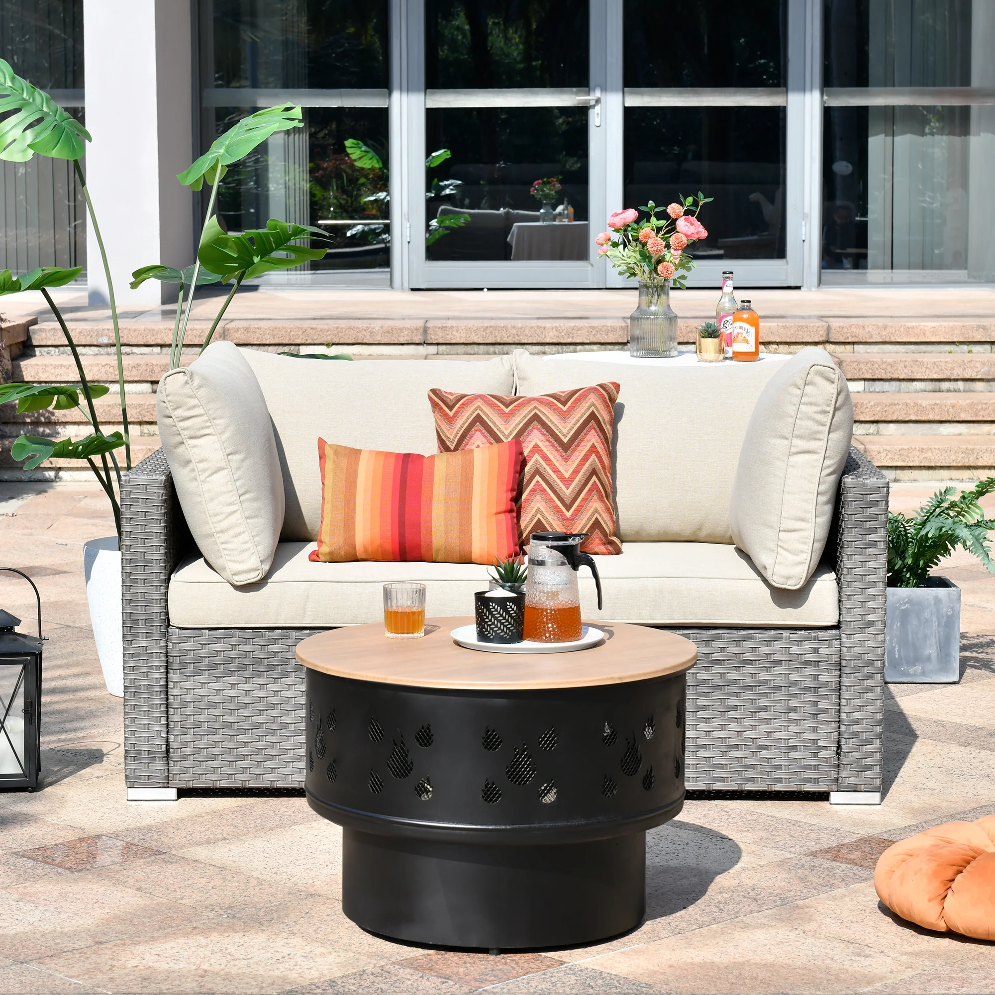 Ovios 3 Pieces Patio Fire Pit Set Outdoor Wicker Conversation Set with Wood Burning Fire Pit,Beige