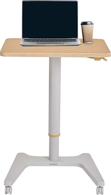 Cordless Auto-Lifting Small Standing Desk, Rolling with Casters, Adjustable Height 29.5'' to 46.9'', Desktop Size 26.8'' by 20.5'', Color White Oak