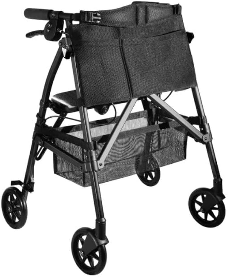 Stander Wonder Rollator Plus Short, Lightweight Junior Folding Walker for Seniors and Adults, Travel EZ Fold-N-Go Rollator, Petite Walker with Wheels and Seat, Black Walnut