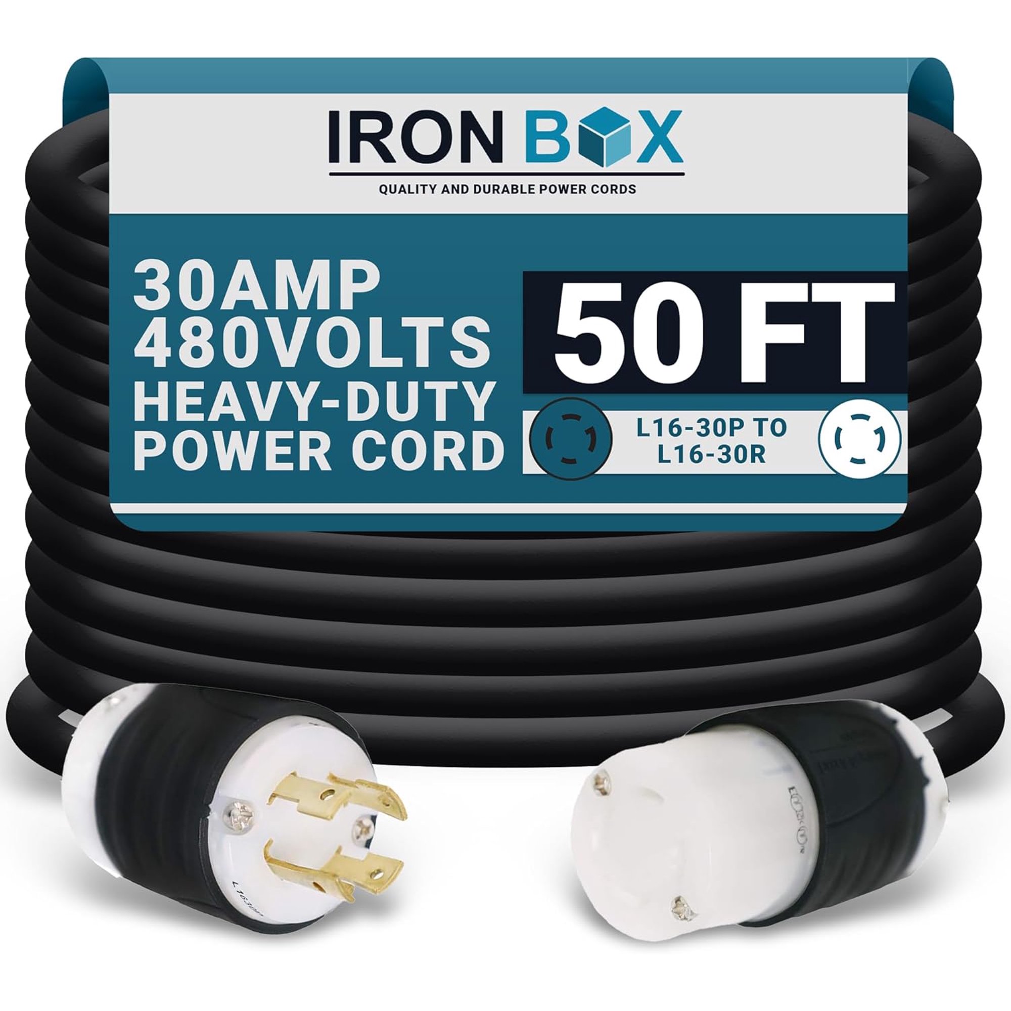 IronBox Electric NEMA L16-30 Plug & Connector Twist Lock Extension Power Cord - 30 Amp, 480V, 8/4 SOOW - Heavy Duty Electrical Adapter - UL Listed Power Generator Cable for Data Centers & More (50 ft)