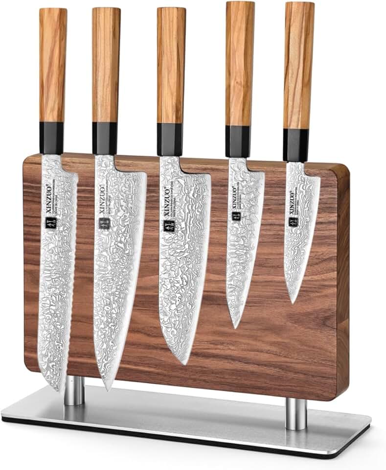 XINZUO 5-piece Damascus Kitchen Knife Set with Double-sided Magnetic Knife Holder