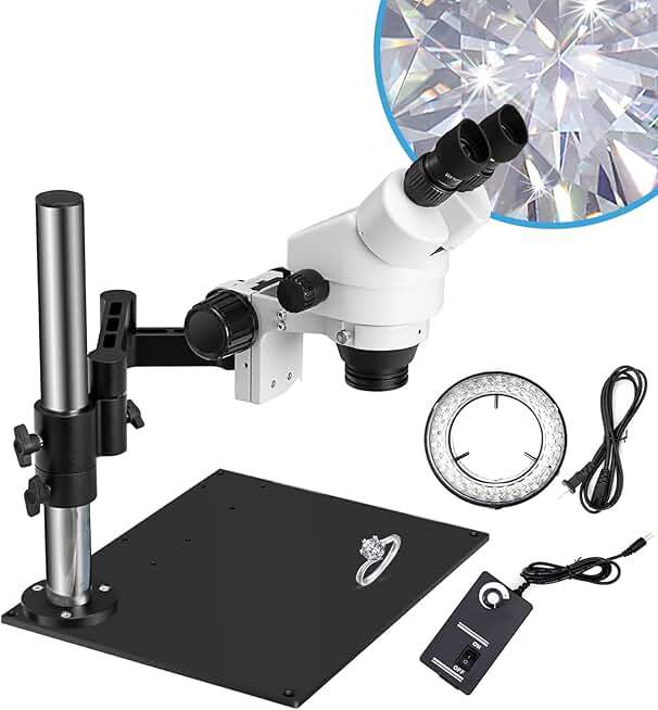 DZQ Stereo Microscope 7X-45X Magnification, Jewelry Microscope 0X/0.5X/2.0X Objective Lenses, Micro Inlaid Mirror WF10X Eyepieces, Articulating Arm Stand with Base Plate, 60-Bulb LED Ring Light(ZQ-2)