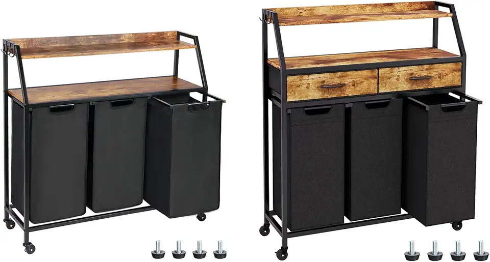 Two Laundry Hamper, Laundry Sorter 3 Section, Rolling Laundry Basket with Wheels, 2 Shelves, 3 × 14.5 Gal, Pull-Out and Removable Laundry Bags, Laundry Room