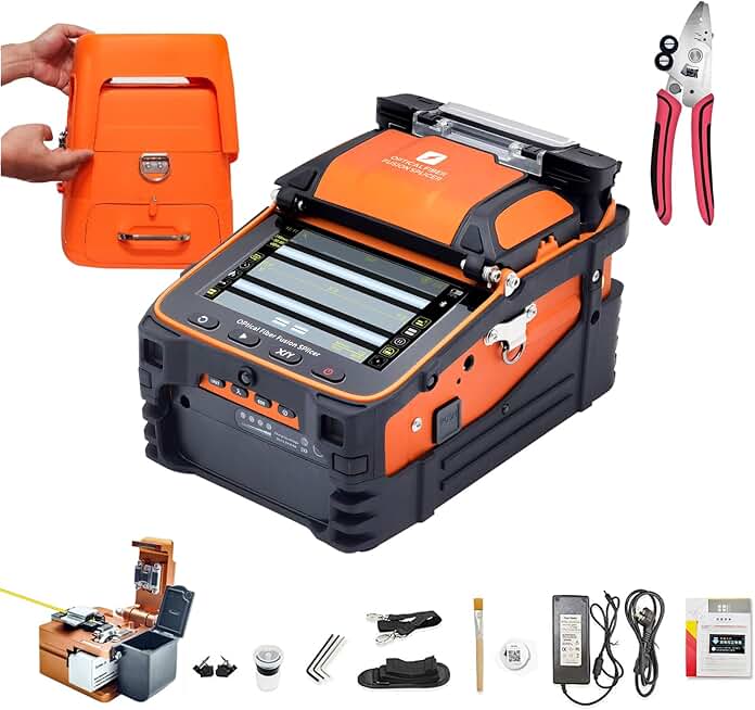 AI-9 Fiber Fusion Splicer w/6 Motors, Core Alignment Fiber Optical Welding Machine w/Visual Fault Locator & Optical Power Meter Function for Trunk Line Construction,Splicing 5S Heating 15S