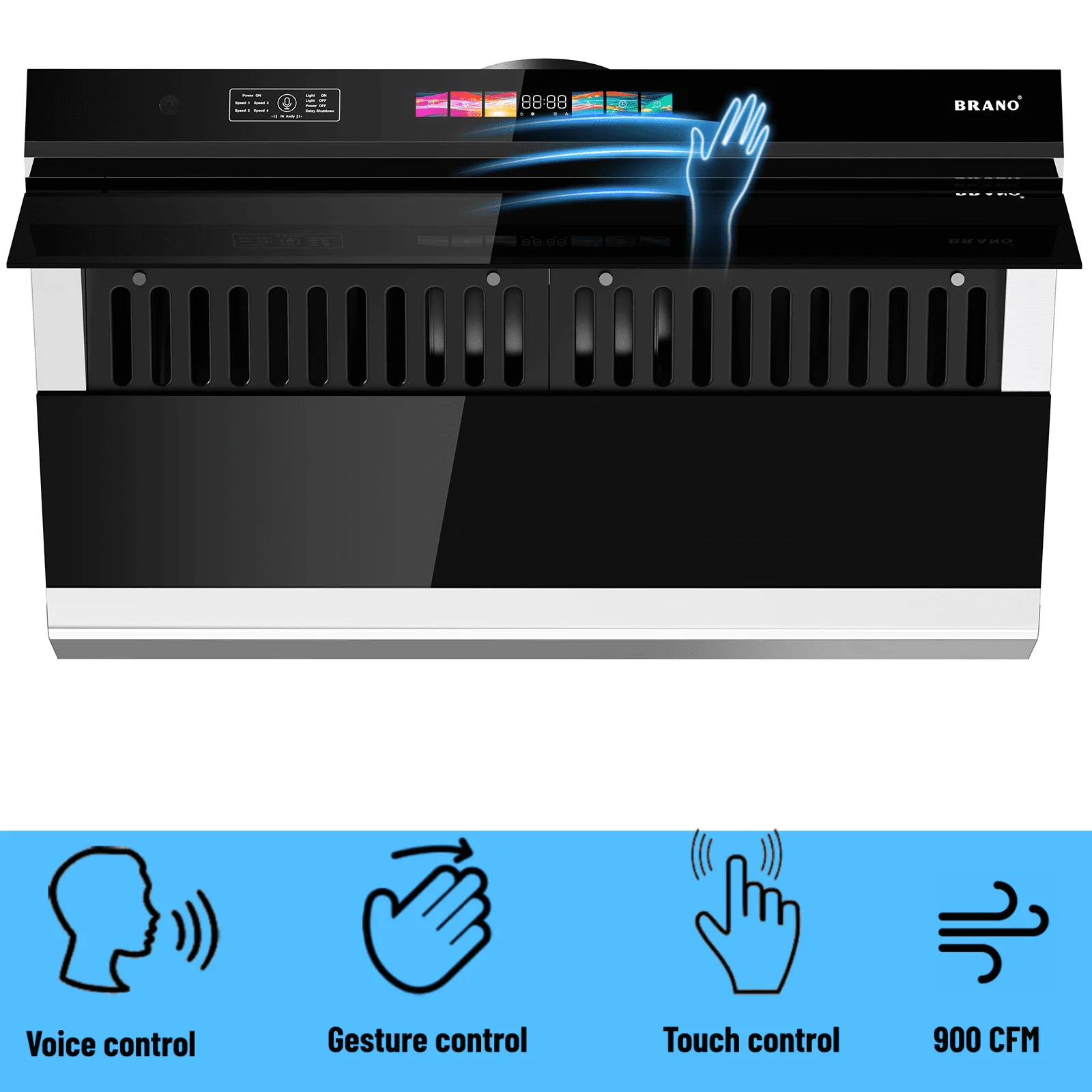 BRANO 36 inch Under Cabinet Range Hood, 900 CFM Kitchen Hood Side-Draft Design with Voice/Gesture/Touch Control, 4 Speed Exhaust Fan, Adjustable Lights