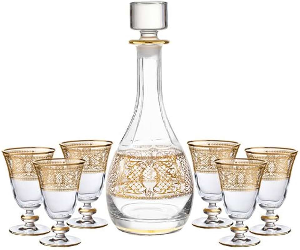 Decorative Wine Glasses and Decanter Set - 7 Piece - 14 Karat Gold Accented.