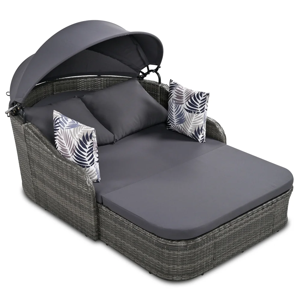Outdoor Sunbed with Adjustable Canopy, Patio PE Rattan Double Lounge Daybed with Sloped Backrest Cushion and 4 Pillows, for Porch Lawn Garden Backyard Poolside, Gray Wicker and Cushion