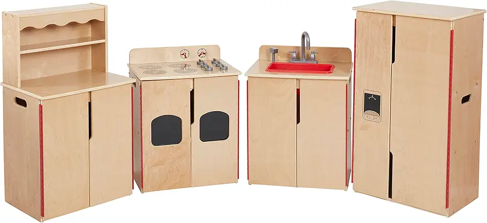 ECR4Kids Play Kitchen, Wooden Playset, Natural, 4-Piece