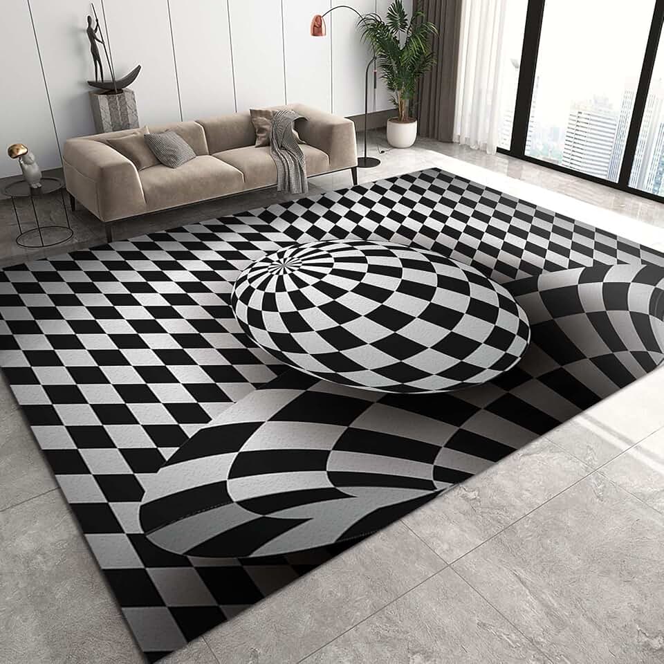 Large Area Rugs 8x10ft, 3D Visual Effects Pattern Rugs for Living Room, Black and White Checkered Ball Vortex Library Office Rug, Soft Durable for Hotel Home Decor Entrance Patio