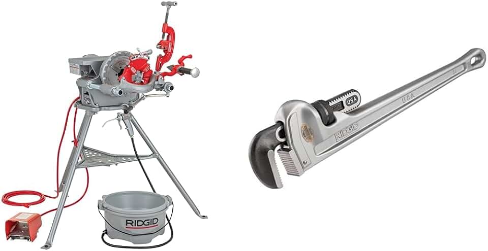 RIDGID 15682 Model 300 Power Drive Complete, 38 RPM Pipe Threading Machine and 1/2-Inch to 3/4-Inch & 31105 Model 824 Aluminum Straight Pipe Wrench, 24-inch Plumbing Wrench, grey