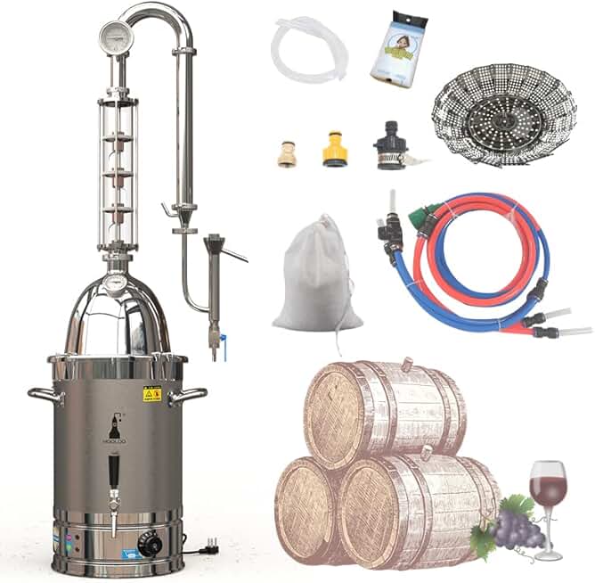 Alcohol Distiller Still for Home Use Kit 304 Stainless Steel Whiskey Making Kit with Thermometer Whiskey Brandy Vodka 6.3Gal (24L) (SV-30-110V)