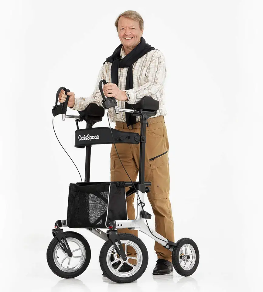 OasisSpace Upright Walker with 12” Pneumatic Wheel, All Terrain Up Rollator with Seat for Outdoor Use, Tall Armrest Rolling Walkerds Mobility Walking Aid with Pneumatic Tires for Seniors